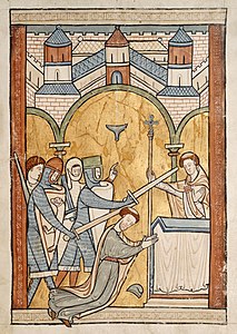 Saffron was sometimes used as a pigment in Medieval manuscripts, such as this page showing the murder of Thomas Becket at Canterbury Cathedral. (Circa 1200).