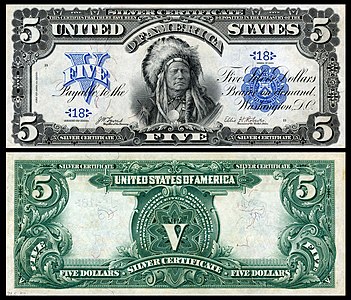 Five-dollar silver certificate from the series of 1899, by the Bureau of Engraving and Printing