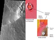 Ulysses Tholus, with its location in relation to other volcanoes shown (photo by THEMIS)