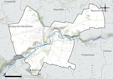 Carte en couleur présentant le réseau hydrographique de la commune