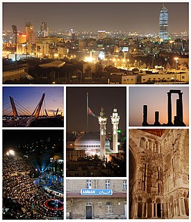 順時鐘方向依序：新阿布達利（英語：New_Abdali）的天際線、安曼城堡（英語：Amman_Citadel）上的海克力士神廟（英語：Temple_of_Hercules_(Amman)）、阿卜杜拉一世國王清真寺（英語：King_Abdullah_I_Mosque）、拉格丹旗桿（英語：Raghadan_Flagpole）、阿卜恩橋（英語：Abdoun_Bridge）、倭馬亞宮（英語：Umayyad_Palace）、鄂圖曼漢志火車站和安曼羅馬劇院（英語：Roman_Theater_(Amman)）。