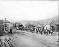 Image 41A burro-drawn wagon hauling lumber and supplies into Goldfield, Nevada, ca.1904. In 1903 only 36 people lived in the new town. By 1908 Goldfield was Nevada's largest city, with over 25,000 inhabitants. (from History of Nevada)