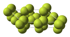 A parallelogram-shaped outline with space-filling diatomic molecules (joined circles) arranged in two layers