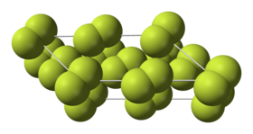 A parralelogram-shaped outline with space-filling diatomic molecules (joined circles) arranged in two layers