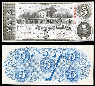 Five Confederate States dollar (T60), by Keatinge & Ball