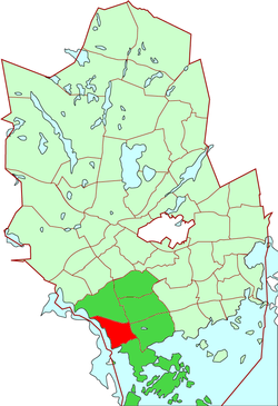Location of Espoonlahti within Espoo shown in green, Kanta-Espoonlahti in red.