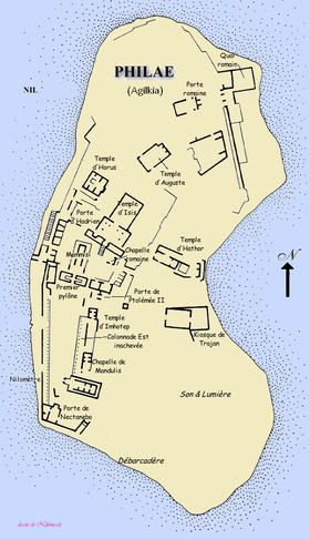 Carte de l'île d'Aguilkia avec les temples déplacés de Philæ.