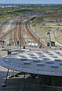 Stationsbyggnaden. De mellersta spåren är söder om stationen uppställningsspår för vändande Pågatåg, medan de yttre går mot Köpenhamn.