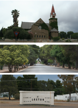 View of Top to Bottom Loxton church, Loxton main & Loxton sign