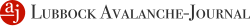 The logo consists of a red circle on the far left containing two white lowercase letters "a" and "j" arranged diagonally, with a white line extending from the left edge of the circle with the "a" above and the "j" to its right. To the circle's right are the black words "Lubbock Avalanche-Journal" in serif and with the lowercase letters stylized to appear majuscule.