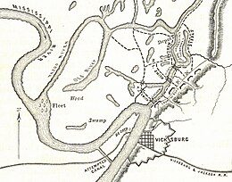 Map of the canal in the Vicksburg area. Vicksburg is to the east, on the right of a bend in the river. The interior of the bend is filled by a peninsula; the canal cuts across the peninsula