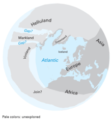 A map showing a hemisphere centered on the north Atlantic. The legend says "Pale colors: unexplored".