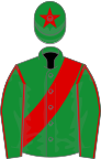 Green, red sash and seams on sleeves, red star on cap