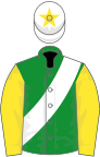 Green, white sash, yellow sleeves, white cap, yellow star