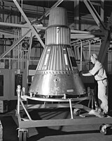 Mercury spacecraft #2 in an unfinished state at Lewis Hangar in 1959.