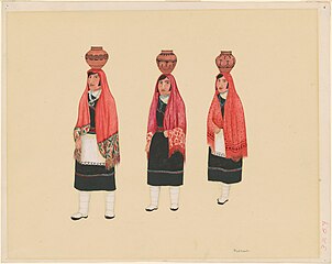 Three Hopi Women Carrying Water Vessels, drawing, gouache and brush and black ink, over graphite on wove paper