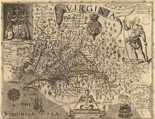 Old-fashioned hand-drawn map of Virginia and the surrounding area, with the Chesapeake Bay at center, oriented with the north at the right