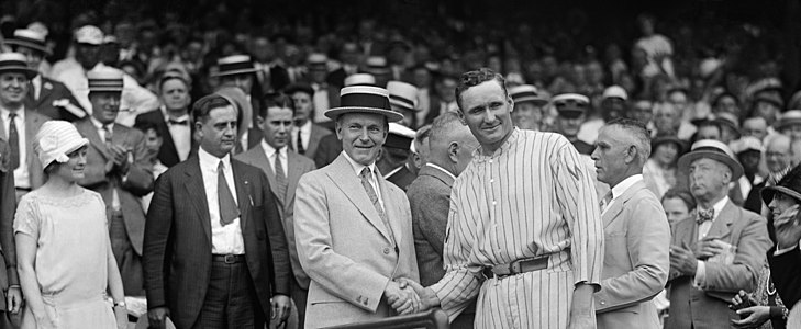 Walter Johnson and Calvin Coolidge shake hands, by National Photo Company Collection (edited by Staxringold, Durova, and Adam Cuerden)