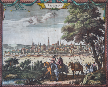 Hand coloured engraving of Brussels as viewed from outside the city walls, 1720.