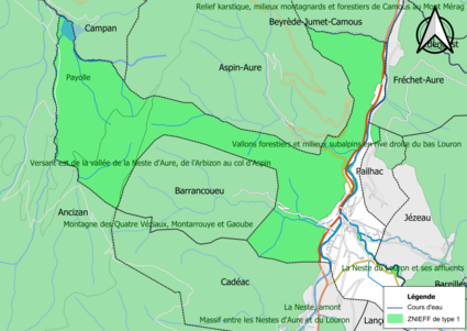 Carte des ZNIEFF de type 1 sur la commune.