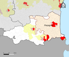 Localisation de l'aire d'attraction de Perpignan dans le département des Pyrénées-Orientales.