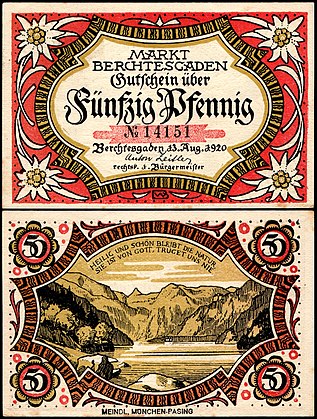 Nota de 50 Pfennig Notgeld emitida em 13 de agosto de 1920 pela cidade alemã de Berchtesgaden, Alta Baviera (definição 2 193 × 2 901)