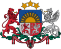 Coat of Arms of Latvia, featuring a lion, a quarter, a supporter and a ribbon Sanguine. Latvia is the only nation in Christendom which uses the colour sanguine.