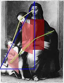 Whole picture; slanting lines in green and yellow; blue triangle; red rectangles.