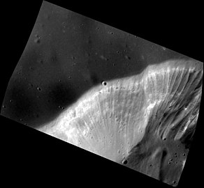 Very high-resolution image of the northern rim, showing gullies and evidence of the formation of hollows