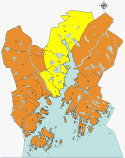 Location of Lund, shown in yellow, in Kristiansand