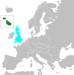 Europe during the Cold War, Malta in dark green, United Kingdom in cyan