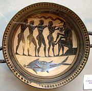 Ulysse et ses compagnons aveuglant Polyphème, coupe laconienne à figures noires, peintre des Cavaliers, 565-560. Cabinet des Médailles