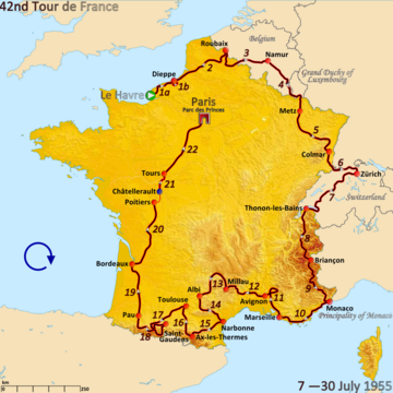 Route of the 1955 Tour de France followed clockwise, starting in Le Havre and finishing in Paris