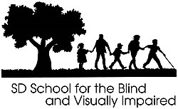 SDSBVI Logo: Silhouette of a group of two adults and three children walking hand in hand away from a big oak tree, led by a child using a long cane.