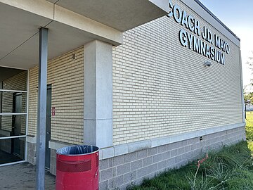 Close up of the sign of Coach J.D. Mayo Gymnasium