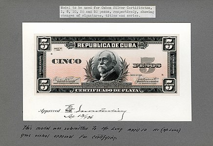 Five-peso silver certificate from the 1936 series, progress proof obverse, by the Bureau of Engraving and Printing