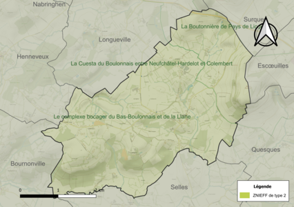 Carte des ZNIEFF de type 2 sur la commune.