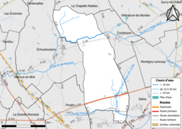 Carte en couleur présentant le réseau hydrographique de la commune