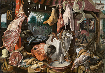 A Meat Stall with the Holy Family Giving Alms, Pieter Aertsen, 1551