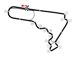An image of the 1992 layout of the Autódromo Hermanos Rodríguez, running clockwise with fourteen corners.