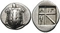 Image 19Greek drachm of Aegina. Obverse: Land turtle. Reverse: ΑΙΓ(INA) and dolphin (from History of money)