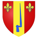 Coat of arms of the Tenaille de Vaulabelle family: Of "Gules with golden pal, accosted with two fleurs-de-lis of the same and loaded with an azure bayonet"