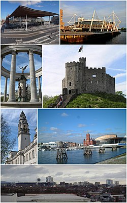 Clockwise from top left: The Senedd building, Principality Stadium, Cardiff Castle,[1] Cardiff Bay, Cardiff City Centre, City Hall clock tower, Welsh National War Memorial