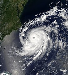 Visible satellite imagery of Hurricane Chris with a well-defined eye east of North Carolina on July 10.