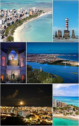 Do topo, em sentido horário: vista panorâmica da cidade; Farol da Ponta Verde; Maceió ao pôr do sol; orla de Maceió; vista da cidade à noite e altar da Catedral Metropolitana de Maceió.