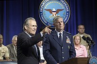 Secretary of Defense Donald Rumsfeld with Chairman of the Joint Chiefs of Staff General Richard B. Myers during the annual Pentagon Town Hall meeting at The Pentagon auditorium