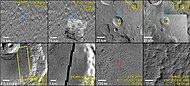 Composite demonstrating relative resolution of seven different cameras that imaged Mars: HiRISE (Mars Reconnaissance Orbiter), THEMIS VIS (Mars Odyssey), MOC-WAC (Mars Global Surveyor), HRSC (Mars Express), CTX (Mars Reconnaissance Orbiter), Viking, Mariner 4. Location is Memnonia quadrangle. Blue arrow on some pictures points to same location at with different cameras. Red box with CTX image shows location of the next frame from HiRISE.