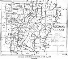 Black and white contoured map of precipitation in a state. Cities and county borders are marked.