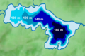 Carte en couleur montrant les différents niveaux de profondeurs d'un lac (dégradé de bleu, de 100 à 160 m).