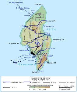 Map of the Battle of Tinian, by Grandiose and United States Department of Defense